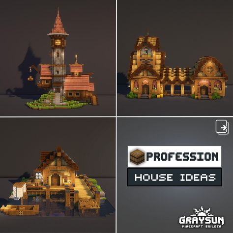 Profession house ideas for Minecraft Minecraft Acacia Village Ideas, Minecraft Villager Professions, Minecraft Carpenter House, Minecraft Fletcher House Ideas, Tool Smith House Minecraft, Minecraft Tannery House, Minecraft Spruce Village Transformation, Minecraft Guard House, Armorer Minecraft House