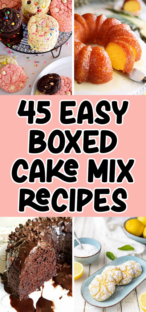 With the holidays just around the corner, make your dessert making easy with one of these recipes use boxed cake mix. You'll discover cakes, cookies, and more. These recipes are perfect for holiday parties, potlucks, and more. Chocolate cake, lemon cake, and lemon crinkle cookies. Cake Mix And Pop Recipes, Best Cake Mix Recipe Boxes, Cake Mix Mini Loaves, Dessert Recipes Using Cake Mixes, Box Cake Mix Without Eggs, Recipes Using Angel Food Cake Mix Boxes, Desserts From Cake Mix Boxes, Using Cake Mix Recipes, Dessert Recipes With Cake Mix Boxes