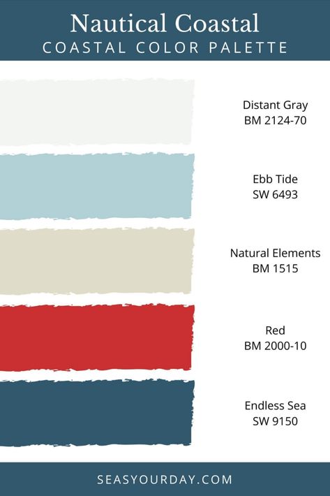 Perfect colors for a coastal inspired home with Nautical or Americana theme. Use this no-fail palette when you don't know where to begin. #Nantucket #American decor #paint colors Nautical Color Palette Colour Schemes, Color Palette Nautical, Nautical Colour Palette, Maine Coast Color Palette, Nantucket Color Palette, Patriotic Color Palette, 4th Of July Color Palette, New England Color Palette, Colors That Go With Red