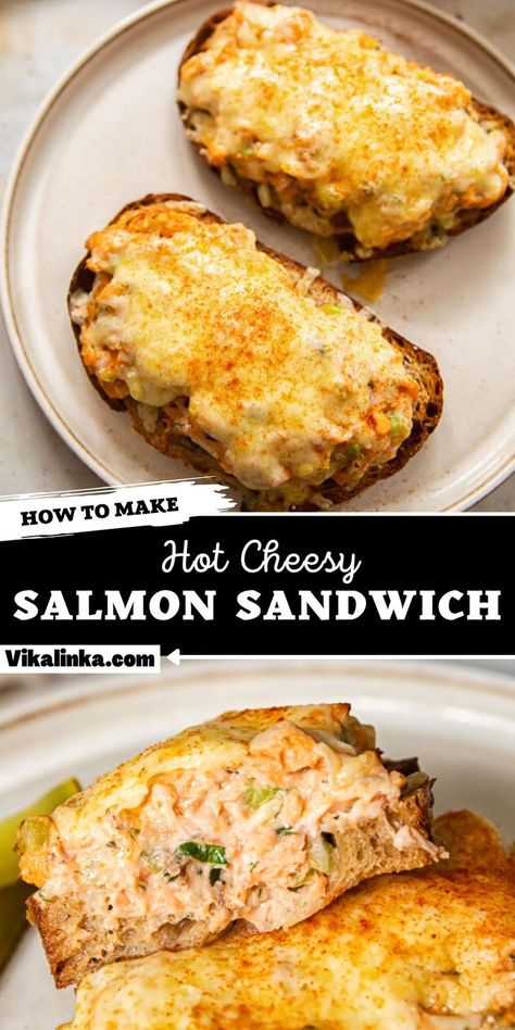 Love a tuna melt? Then you’ll love this hot salmon sandwich with a mix of canned and smoked salmon plus oozing melted cheese on delicious crusty bread! Salmon Melt Recipe, Recipes Using Smoked Salmon, Salmon Grilled Cheese, Cheesy Salmon, Salmon Sandwich Recipes, Smoked Salmon Sandwich, Canned Salmon Recipes, Creamy Pesto Sauce, Salmon Sandwich