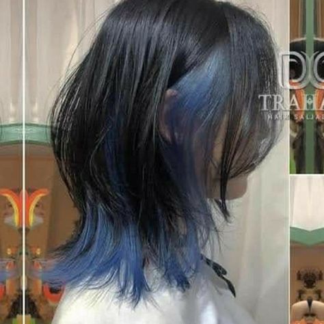 Dark Hair With Blue Streaks, Peekaboo Hair Color Layers, Dark Blue Underdye Hair, Underdye Hair Blue, Peekaboo Haircut, Dark Blue Brown Hair, Blue And Black Hair Short, Korean Blue Hair, Dark Blue Hair Highlights