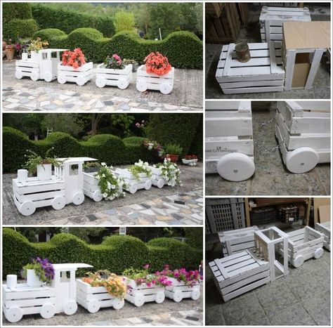 Make This Lovely Wooden Crate Train Planter for Your Garden 1 Crate Crafts, Garden Trains, Old Crates, Vintage Garden Decor, Backyard Diy Projects, Diy Yard, Seasonal Garden, Wood Crates, Garden Art Diy