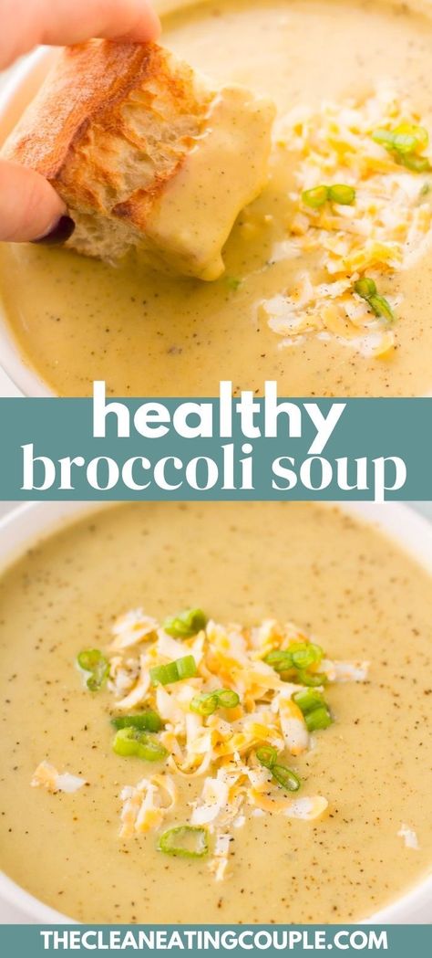 Healthy Broccoli Cheddar Soup, Healthy Broccoli Soup, Healthy Broccoli Cheese Soup, Broccoli Soup Healthy, Healthy Broccoli, Healthy Potatoes, Broccoli Soup Recipes, Easy Clean Eating Recipes, Soup Appetizers