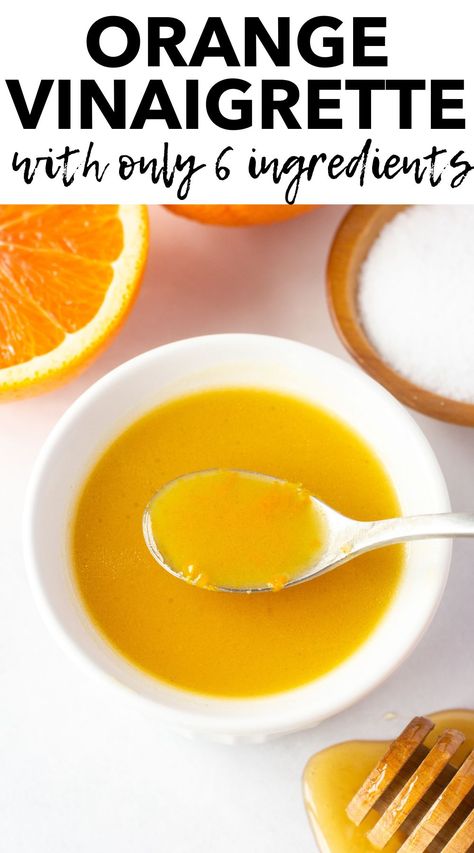 A small white bowl with orange vinaigrette in it, and a small spoon dipping into it. It's on a white background and surrounded by half an orange, a wooden bowl with kosher salt, and a honey stick with honey dripping off it. Orange Vinaigrette Dressing, Citrus Salad Dressing, Seasonal Veggies, Orange Vinaigrette, Delicious Salad Dressings, Citrus Vinaigrette, Citrus Dressing, Spinach Salad Recipes, Vinaigrette Salad