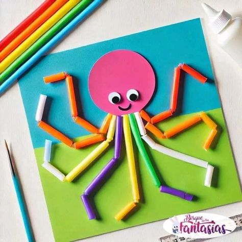 Octopus Art For Kids, Alphabet Crafts Preschool, Straw Crafts, Kids Art Galleries, Preschool Arts And Crafts, Fun Arts And Crafts, Hand Crafts For Kids, Drawing Activities, Preschool Art Activities