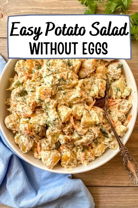 Potato salad (without eggs) in a round, white bowl. Yukon Gold Potato Salad Recipe, Potato Salad Without Eggs, Classic Egg Salad, Yukon Potatoes, Classic Potato Salad, Easy Potato Salad, Creamy Potato Salad, Gold Potatoes, Carrots Celery