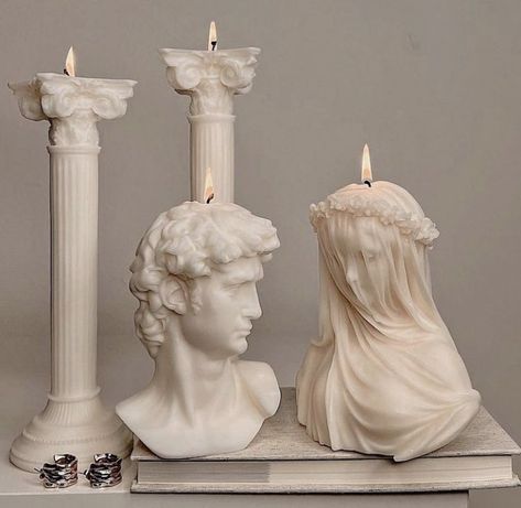 Greek Statues Wedding, Greek Statue Candle, Greek Candles, Candle Decor Bedroom, Makeup Space, Statue Candle, Sculpture Candle, Shaped Candles, Fantasy Shop