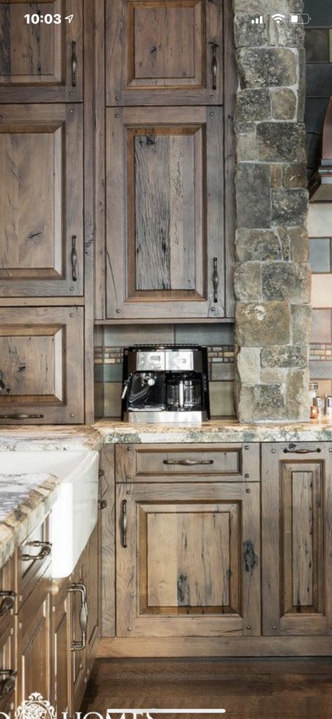 Rustic Off White Kitchen Cabinets, Distressed Wood Cabinets, Accent Wall Behind Master Bed, Knotty Wood Cabinets, Stained Pine Kitchen Cabinets, Dark Alder Kitchen Cabinets, Grey Wood Stain Cabinets, Knotty Alder Cabinet Stain Colors, Distressed Wood Kitchen Cabinets