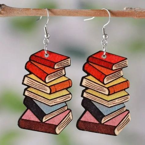 Vintage Colorful Book Pendant Dangle Earrings With Minimalist Style, Perfect For Adding A Pop Of Color To Any Outfit. Made Of Wooden Material, These Earrings Are Lightweight And Comfortable To Wear For Extended Periods Of Time. Ideal For Teachers And Students Alike, These Earrings Are Perfect For Adding A Touch Of Personality To Any School Outfit. #JewelryLovers #HandmadeJewelry #Accessories #StatementJewelry #JewelryDesign #Fashion #Gemstone #Style #Jewelry #JewelryAddict Temu Stuff, New Fashion Earrings, Book Pendant, Book Earrings, Wooden Books, School Season, Stacked Jewelry, Earrings Minimalist, Wooden Earrings