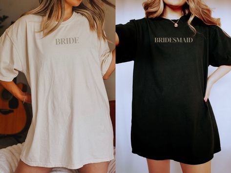 "FREE SHIPPING IN THE US! Comfort Colors Minimalist Bridesmaid Shirts, Bridal Party Shirts, Bride Shirt, Bridesmaid Shirt, Getting Ready Shirts, Bridesmaid Gift ♥ The SHIRT * This is a Comfort Colors 1717 shirt. * This unisex fit t-shirt is intended to be loose/oversized for women to give a chic and laid back vibe. If you want the tee to be more fitted, we would recommend sizing down. * If you are looking for an oversized \"T-shirt Dress\" look, we recommend sizing up 1 or 2 sizes * Detailed siz Getting Ready T Shirts Wedding, Get Ready Shirts For Wedding, Bridal Party Getting Ready Shirts, Oversized Tshirt Bridesmaid Getting Ready, Bridesmaids Oversized Shirts, Bridesmaid Getting Ready Outfit Sweats, Oversized Bridesmaid Shirts, Bridesmaid Getting Ready Oversized Shirt, Bridesmaid Getting Ready Tshirt