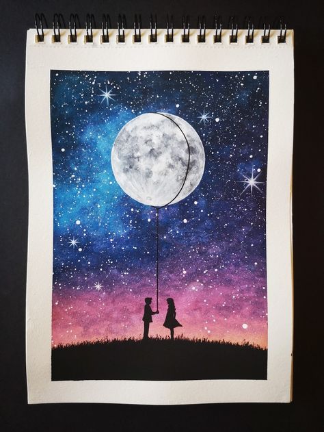 Acrylic Painting Ideas About Love, Oil Pastel Love Drawings, Romantic Scenery Painting, Beautiful Moon Drawing, Love Art Acrylic Paintings, Canvas Painting Ideas For Love, Couple Moon Painting, Paint Love Art, Sunset With Stars Painting