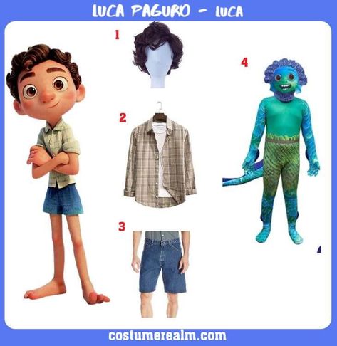 Dress Like Luca Paguro From Disney's Luca, Luca Costume, Cosplay, Halloween Costume, Fancy Dress Guide Disney Inspired Outfits For Men, Disney Costumes For Boys, Luca Costume, Disney Characters Costumes Diy, Boy Disney Characters, Halloween Casal, Pixar Costume, Disney Codes, Luca Disney