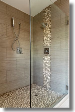 Beautiful pebble floor and wall detail for the shower. Just what we are planning to do in our basement shower!! Makeover Kamar Mandi, Bilik Air, Small Bathroom With Shower, Bathroom Shower Design, Bathroom Tile Designs, Bathroom Shower Tile, Bathroom Remodel Shower, Trendy Bathroom, Shower Remodel