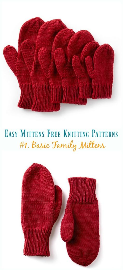 Basic Family Mittens Knitting Free Pattern - Easy #Mittens Free #Knitting; Patterns Kids Mittens Knit, Easy Mittens, Baby Mittens Knitting, Mittens Knit, Knitting Mittens, Crochet Baby Mittens, Knitting Gloves Pattern, Mittens Knitting, Toddler Mittens