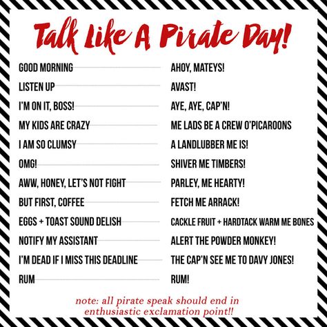 talk-like-a-pirate-day-lingo Pirate Talk Words, How To Talk Like A Pirate, Dress Like A Pirate Day Teacher, How To Be A Pirate, Pirate Story Ideas, Pirate Slang, Pirate Lingo, Pirate Words, Mark Summers