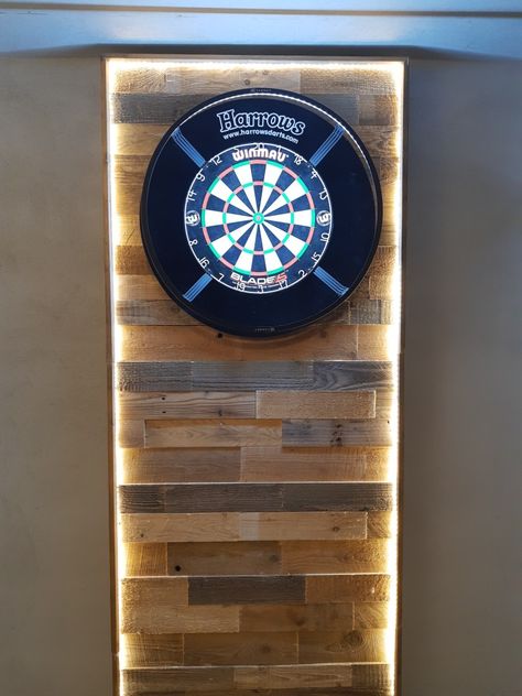 Dartboard Wall Ideas, Dart Board Lighting Ideas, Home Dartboard Setup, Pallet Dart Board Wall, Basement Dart Board Wall, Dart Board Backboard Diy, Dart Board Cupboard, Dart Board Wall Diy, Darts Board Ideas