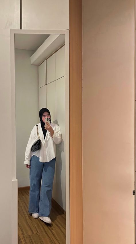 Blue jeans, white shirt, hijab outfit Oversized White Shirt Outfit Hijab, White Jeans Outfit Hijab, White Shirt And Jeans Outfit Hijab, White Chemise Outfit Hijab, Blue Shirt Outfit Hijab, Outfit Jeans Biru, Blue Jeans Outfit Hijab, Casual Hijab Outfit Jeans, White Shirt Outfit Hijab