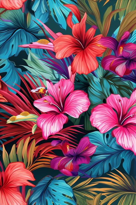 Tropical Garden Wallpaper, Tropical Flowers Background, Bright Floral Painting, Painted Tropical Flowers, Tropical Flower Art, Tropical Wallpaper Iphone Paradise, Bright Summer Wallpaper, Vintage Tropical Art, Tropical Flower Wallpaper