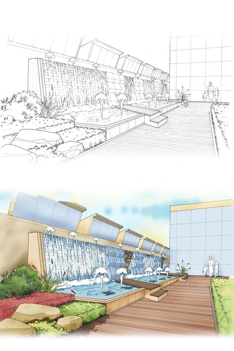 Landscape Perspective Rendering, Landscape Design Perspective, Roof Landscape Design Plan, Landscape Design Drawings Sketches, Rooftop Garden Plan, Landscape Perspective Drawing, Perspective Landscape Drawing, Rooftop Landscape Design, Landscape Rooftop