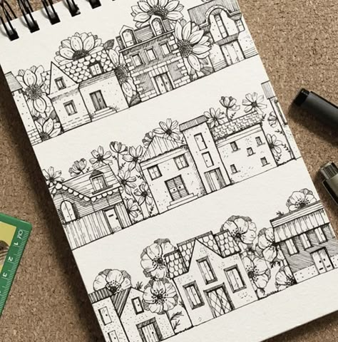 Pen Art Work, Botanical Line Drawing, Tiny Village, Pen Art Drawings, Art Diary, Urban Sketching, Art Inspiration Painting, Book Art Drawings, Painting Art Projects