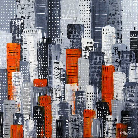 City Skyline Painting, Abstract Cityscape Painting, City Abstract, Abstract Cityscape, Sip And Paint, Skyline Painting, Building Painting, City Block, Abstract City