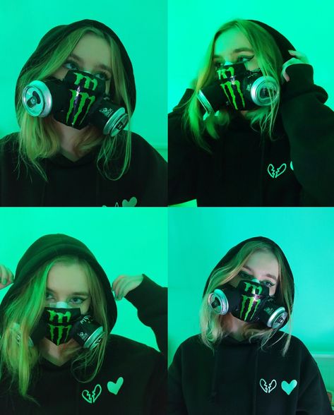 Photoshoot, photoshoot idea, monster, monster energy drink, green, dark vibe Monster Mask Drink, Monster Drink Mask, Monster Energy Costume, Monster Can Gas Mask, Monster Energy Gas Mask, Monster Mask Diy, Monster Gas Mask, Monster Energy Mask, Monster Can Mask