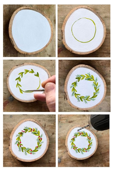 Learn How to Paint a Christmas Wreath and make your own Wood Slice Christmas Ornaments via http://www.bonnielecatdesigns.com/blog Jul Diy, Doilies Crafts, Wood Slice Crafts, Wreaths Ideas, Hand Painted Christmas, Tutorials Diy, Painted Christmas Ornaments, Learn How To Paint, Wood Slice Ornament