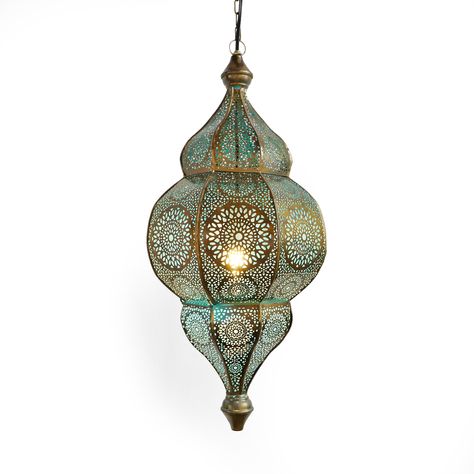 Beautiful Moorish brass hanging lantern with delicate blue glow from the interior which is painted. The exterior is perforated with a stunning design pattern. Opens to hold 75 watt bulb. 3' brass chain and ceiling plate included. Dekorasi Maroko, Green Room Decor, Moroccan Chandelier, Moroccan Pendant Light, Blue Lantern, Moroccan Lighting, Moroccan Lamp, Moroccan Lanterns, Blue Glow