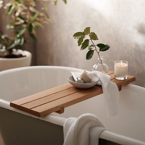 Tidy Bathroom, Wood Bath, Bath Tray, Cabinets And Countertops, Wooden Bathroom, Stylish Storage Solutions, White Company, Natural Wood Finish, The White Company