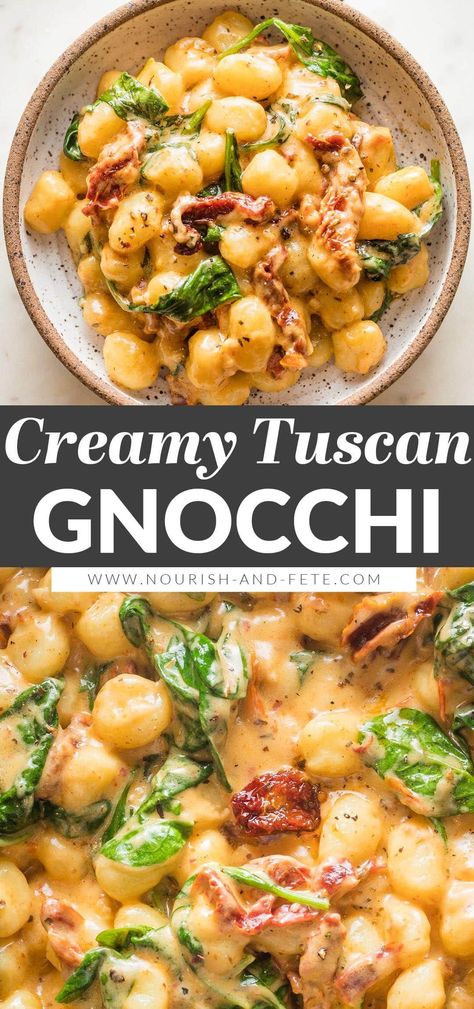 Try this recipe for a Tuscan-inspired gnocchi in cream sauce when you need an easy but full-flavored meal. It's got pillowy gnocchi, tender spinach, tangy sun-dried tomatoes, butter, and garlic. And you'll love that it's all made in one pan in about 15 minutes! Gnocchi, Gazpacho, Tuscan Gnocchi, Gnocchi Recipes Easy, Gnocchi Dishes, Pasta Dinners, Pasta Dinner Recipes, Gnocchi Recipes, Yummy Dinners