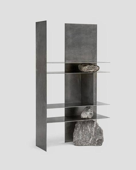 Stone Shelf, Steel Plates, Shelving Design, Partition Wall, Furniture Designs, Steel Furniture, Functional Furniture, Natural Phenomena, Steel Plate