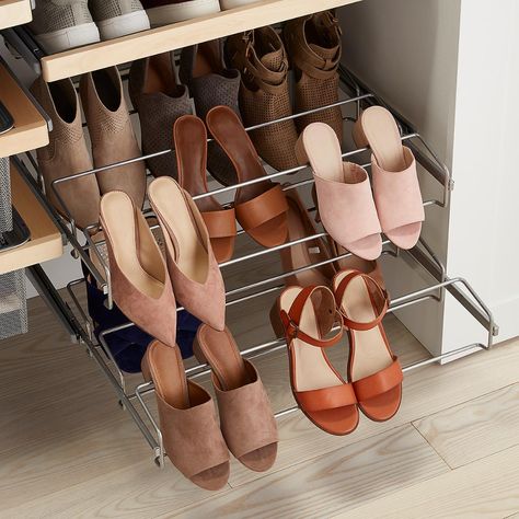 Platinum Elfa Gliding Shoe Racks | The Container Store Pull Out Shoe Rack, Pull Out Shoe, Stuff For College, Organizing Shoes, Wall Mounted Shoe Rack, Elfa Shelving, Shoe Drawer, Closet Solutions, Coat Storage