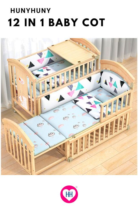 HunyHuny Super Comfy Wooden 12 in 1 Rocking Cot with storage, stylish and strong built cot grows with your child as it easily converts into a Study Table, Daybed, Rocker and Junior bed Cot With Storage, Wooden Baby Cot, Study Bed, Bed Cot, Bed Crib, Mother Care, Baby Furniture Sets, Junior Bed, Baby Cot