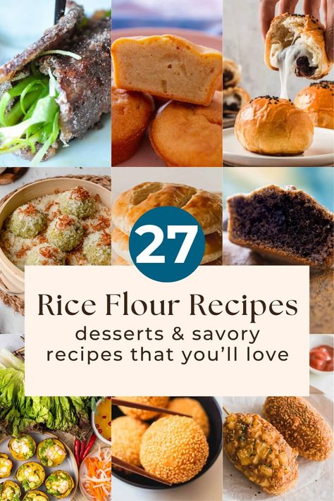 A chef curated list of the most delicious and creative rice flour recipes that are easy to make at home! This list includes many Taiwanese, Vietnamese, Korean, Filipino, Hawaiian, and Chinese recipes and will show you how accessible they are. Not only will I include some of the best recipes using both regular rice flour and sweet rice flour (which are different), but I also list why you might like each recipe. What To Do With Rice Flour, Rice Flour Cupcakes, Desserts With Rice Flour, Rice Flour Recipes Baking, What To Make With Rice Flour, Rice Flour Cake Recipes, Rice Flower Recipes, Rice Flour Cookies Recipes, Rice Flour Dessert Recipes