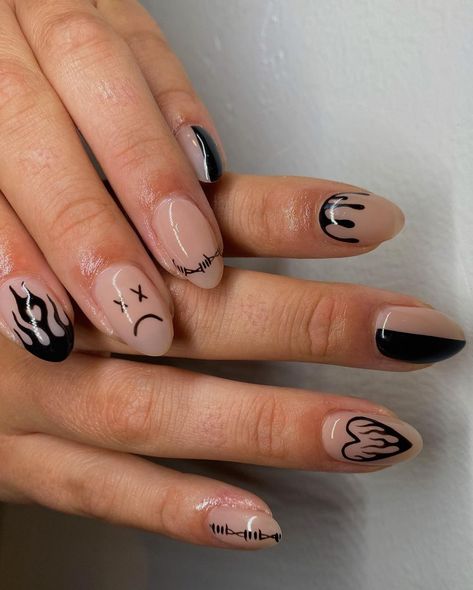 Black And Nude Nails, Zicxa Photos, Rock Nails, Punk Nails, Nail Drawing, Gothic Nails, Edgy Nails, Goth Nails, Grunge Nails