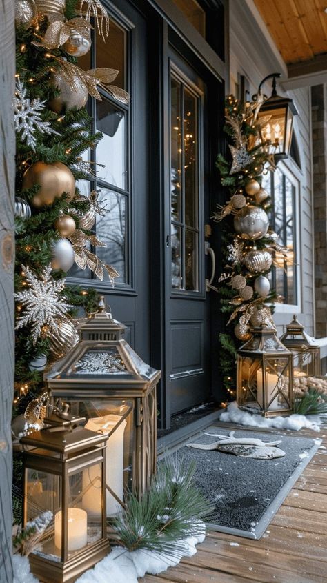 Front Door With Lanterns, Gold Christmas Porch Decor, Christmas Door Garland Ideas Entrance, Classy Outside Christmas Decor, Front Porch Christmas Decor Double Doors, Front Door Decor Lanterns, Front Door Embellishments, Classy Front Porch Christmas Decor, Christmas Front Door Decorations Ideas