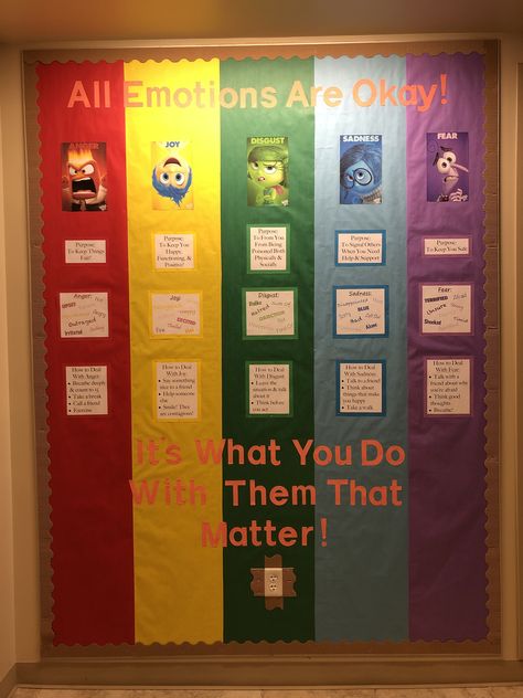 This bulletin board was about emotion control. The purpose of the 5 different emotions were given along with synonyms for each emotion and some ways to deal with these emotions. This board was themed from the movie Inside Out. Socio Emotional Bulletin Boards, Emotion Board Feelings, Inside Out Emotions Bulletin Board, All Emotions Are Okay Bulletin Board, Feelings And Emotions Bulletin Board, Emotion Board Preschool, Calm Down Bulletin Board Ideas, Social Work Room Ideas, Emotion Control Bulletin Board