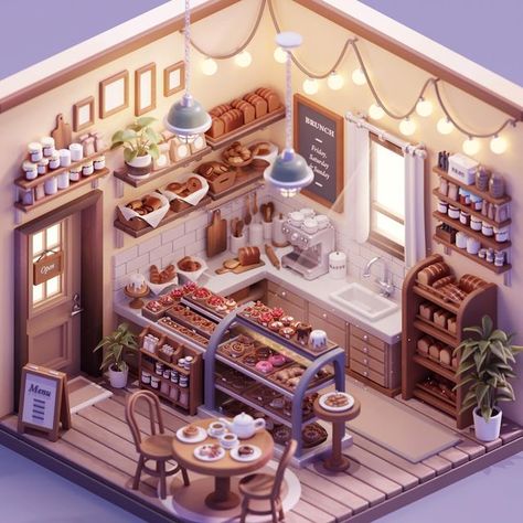 Minecraft Kitchens, Bakery Shop Interior, Cute Bakery, Bakery Interior, Sims 4 House Plans, House Games, Sims House Design, Isometric Design, Bakery Design