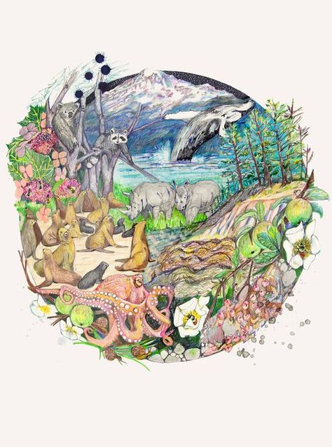 Richelle Gribble Drawing / Watercolor Painting - Biosphere V 2017 Contemporary Biosphere Drawing, Biology Illustration, Save Earth Drawing, Art Competition Ideas, Science Drawing, Character Tattoos, Earth Layers, Earth Drawings, Clay Fairy