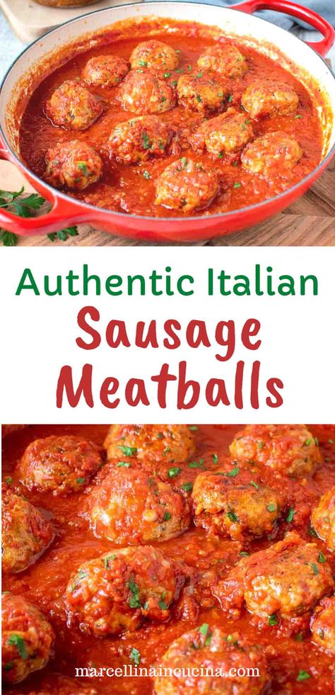 Italian Sausage Meatballs recipe is a guaranteed family favorite! Beautifully tender meatballs are flavored with Pecorino Romano cheese and parsley, before being fried and then simmered in a rich marinara sauce. #ItalianRecipes #MeatballsWithSausage #ItalianSausageMeatballsRecipe Hot Italian Sausage Meatballs, Meatballs Italian Sausage, Sweet Italian Sausage Meatballs, Italian Sausage Meatballs Baked, Sweet Italian Meatballs, Meatballs And Sausage In Sauce, Ground Sausage Meatballs, Sausage And Beef Meatballs, Ground Sweet Italian Sausage Recipes Dinners