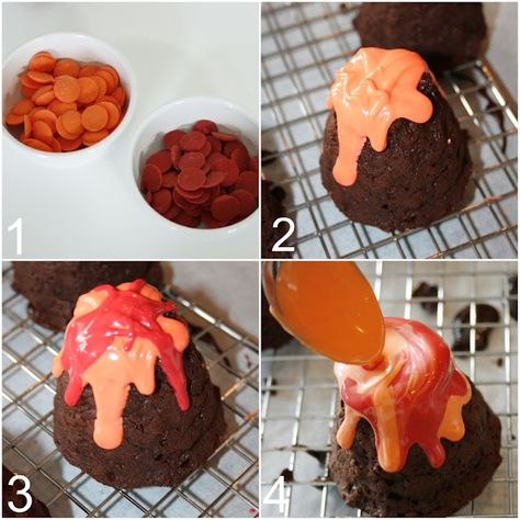 Volcano Cupcakes Dinosaur Party, Dino Dessert Table, Dinosaur Treats For Party, Volcano Dessert, Volcano Chocolate, Dinosaur Dessert Table, Volcano Cupcakes, Volcano Party, Chocolate Lava Cakes