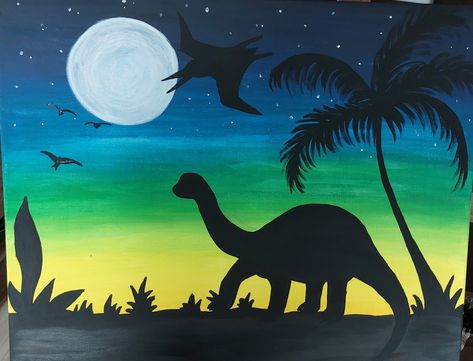 Paint A Dinosaur, Dinosaur Silhouette Art, Prehistoric Art Projects, Dino Canvas Painting, Painting Ideas Dinosaur, Dino Painting Easy, Dinosaur Painting Ideas, Dinosaur Painting Easy, Easy Dinosaur Painting