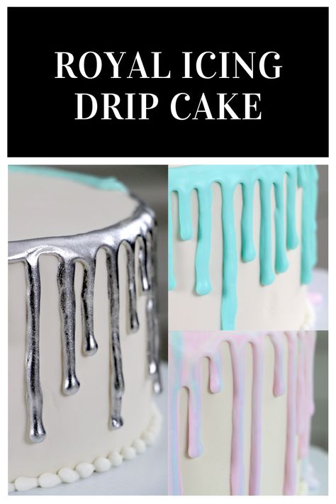 Royal Icing Drip Cake 👩🏼‍🍳✨ Today I'm teaching you how to use royal icing to create a pretty drip cake! I show you 3 different styles. The first is a solid drip, the second is a multicolor/marbled drip, and the third is a painted drip. You can paint your drip silver, gold, or any other color! Royal icing drip works great on a fondant covered cake and is really easy to do once you achieve the right consistency! Make Dripping Icing, Pour Icing On Cake, Icing Drip Recipe, Royal Icing Drip Recipe, Cake Decorating Dripping Icing, Drip Cake Icing Recipe, Drip Icing Cake, Easy Drip Icing, How To Do Drips On Cake