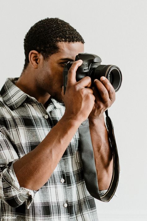 Male photographer holding a camera | premium image by rawpixel.com / McKinsey Photographer Reference Pose, Male Photographer Poses With Camera, Taking Photo Reference, Male Photographer Branding Photoshoot, Male Photographer Aesthetic, Person Taking Photo With Camera, Photographer Self Portrait, Holding A Camera, Male Photographer