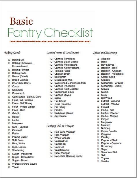 Pantry Checklist.  Pretty thorough list. Also has some recipes for cheap meals. Organisation, Pantry Checklist, Pantry Staples List, Kitchen Checklist, Pantry List, Meal Planning Menus, Pantry Essentials, Pantry Items, Frugal Meals