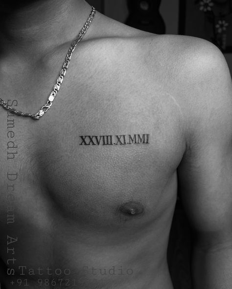 Roman Numeral Tattoo ❤️ . Call For Appointment☎️ 9867219201 Check out more creative tattoos by Sumedh (@sumedh_dream_arts) . @sumedh_dream_arts @instagram . Please call or DM us on 9867219201 to book an appointment with us.. . #minitattoo #whitetattoo #tattooartist #coupletattoo #lettertattoo #letteringtattoo Chest Tattoo Men Ideas Roman Numerals, Quote Tattoo Placement Men, 1966 Roman Numeral Tattoo, Roman Numerals Men’s Tattoo, Men’s Forearm Tattoos Roman Numerals, Cross And Roman Numeral Tattoo, Roman Numeral Tattoo Wedding Date, Men’s Roman Numeral Tattoo, Dream Tattoos Men