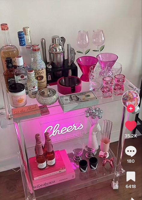 Small Bar In Apartment, Disco Aesthetic Apartment, Mini Bar Ideas Apartment, Apartment Liquor Bar, At Home Bar Cart, Girly Bar Decor, Bar In Apartment, Cute Bar Set Up, Pink Bar Cart Decor