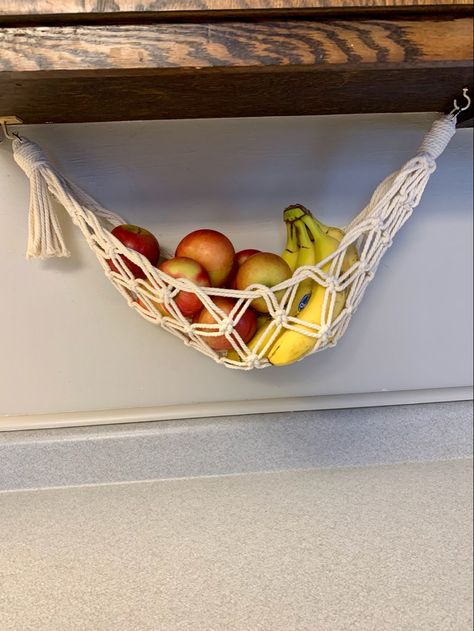 Macrame produce hammock Fruit Hammock, Fruit Basket Diy, Produce Hammock, Crochet Produce Hammock, Macrame Produce Hanger, Fruit Hanger Macrame, Macrame Fruit Hammock Diy, Fruit Crochet Hammock, How To Make A Macrame Fruit Hammock