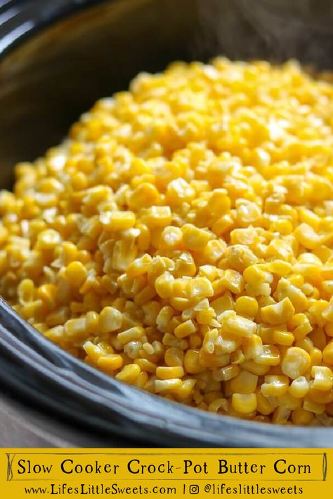 Slow Cooker Crock-Pot Butter Corn is the easiest side dish you could possibly have for Thanksgiving, Christmas, Holiday gatherings, or any dinner. All you need is frozen corn, unsalted butter, salt, pepper, and any optional seasonings. This side dish is also a kid-friendly favorite recipe! (vegetarian, vegan option) #butter #corn #frozencorn #Thanksgiving #Christmas #holiday #easy #recipe #sides #slowcooker #crockpot Frozen Corn In The Crockpot, Crockpot Buttered Corn, Corn Side Dish Crockpot, Crockpot Corn Recipes Slow Cooker, Corn In A Crockpot, Frozen Corn In Crockpot, Corn In Crockpot, Frozen Corn Recipes, Thanksgiving Side Dishes Crockpot