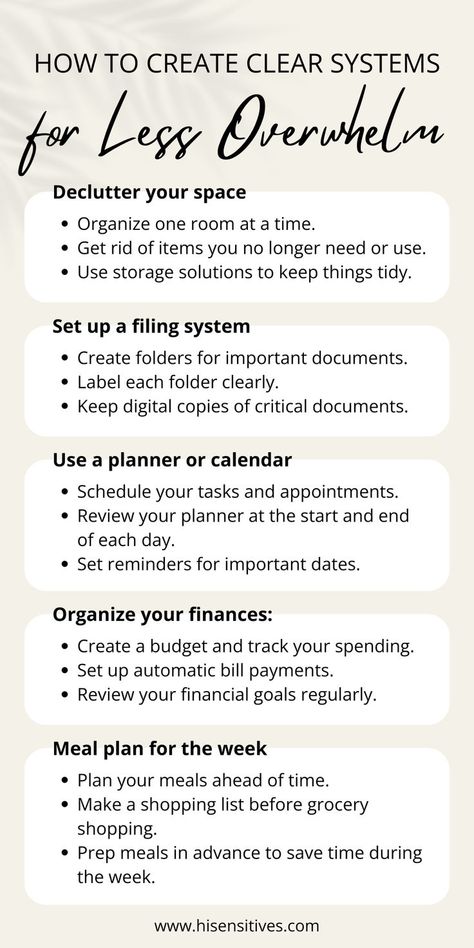 Feeling overwhelmed? Check out our checklist to create clear systems in your life! From organizing your space to setting up filling systems, discover 5 practical tips to reduce stress and regain control. Read more in our blog "Why Does Everything Overwhelm Me?" and start your journey to a more balanced, peaceful life today! #Organization #Overwhelm #Productivity #SelfCare #MentalHealth #LifeHacks Admin Day, Increase Happiness, Happiness Tips, Tips To Be Happy, Paper Clutter, Sensitive Person, Highly Sensitive Person, Mindset Tips, Space Organizer